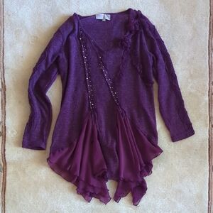 Purple Long Sleeve Sweater Tunic with Ruffle and Chiffon Details